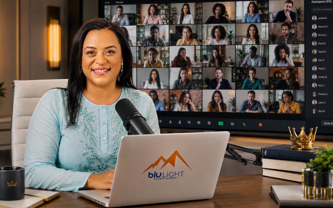 Michelle Bello teaching an online masterclass to a room of students joining from their own screens